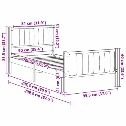 Рамка на леглото Бял и светлосив 90 x 200 cm Борово дърво масив