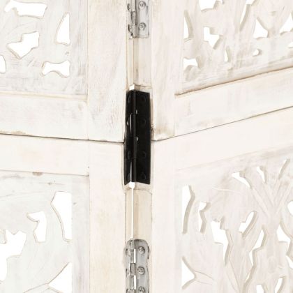 Ръчно резбован параван, 3 панела, бял, 120x165 cм, манго масив