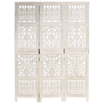 Ръчно резбован параван, 3 панела, бял, 120x165 cм, манго масив
