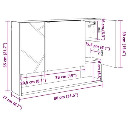 Шкаф с огледало за баня с врата Сив сонома 80 x 17 x 55 см