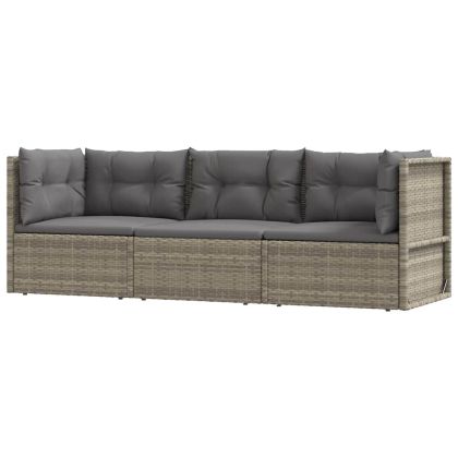 Градински лаундж комплект с възглавници 3 части сив полиратан