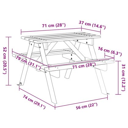 Пикник маса за 4 деца, с отвор за чадър, чамова дървесина масив