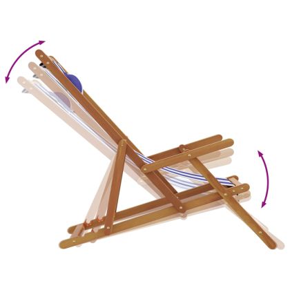 Сгъваем плажен стол, синьо-бял, масивно дърво евкалипт и плат