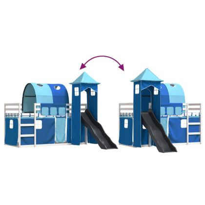 Двуетажно легло с пързалка и завеси, синьо, 90x200 см