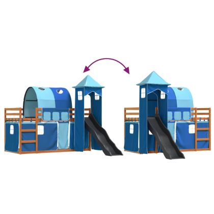 Двуетажно легло с пързалка и завеси, синьо, 90x200 см