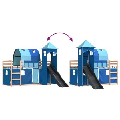 Двуетажно легло с пързалка и завеси, синьо, 80x200 см