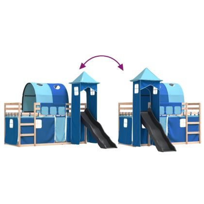 Двуетажно легло с пързалка и завеси, синьо, 90x190 см