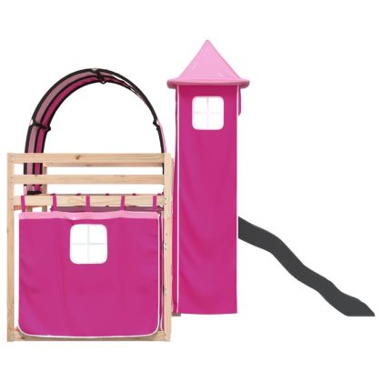 Двуетажно легло с пързалка и завеси, синьо, 90x190 см