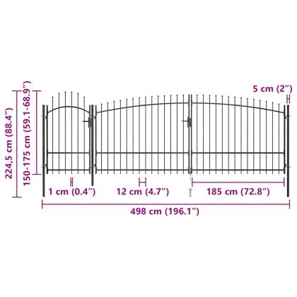 Градинска оградна порта с пики, 5x2,25 м, черна