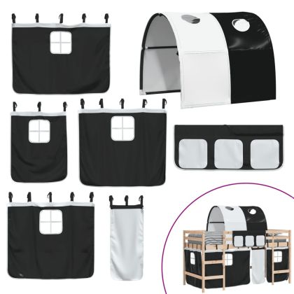 Детско високо легло с тунел, бяло и черно, 90x190 см, бор масив