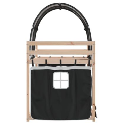 Двуетажно легло със завеси, бяло и черно, 80x200 см, бор масив