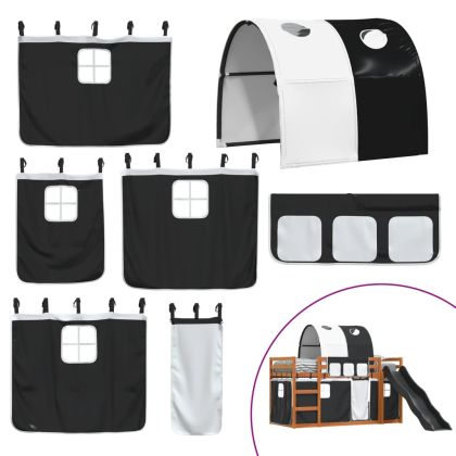 Двуетажно легло с пързалка и завеси, бяло и черно, 90x200 см