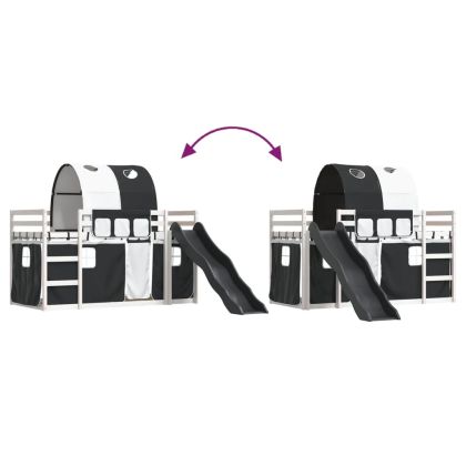 Двуетажно легло с пързалка и завеси, бяло и черно, 80x200 см