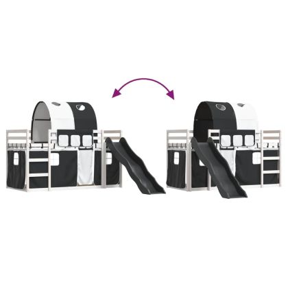 Двуетажно легло с пързалка и завеси, бяло и черно, 90x190 см