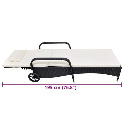 Шезлонг с шалте и колелца, полиратан, черен