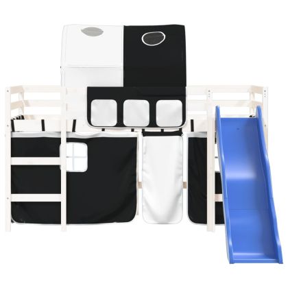 Детско високо легло с тунел, бяло и черно, 80x200 см, бор масив