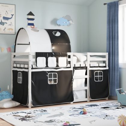 Двуетажно легло със завеси, бяло и черно, 80x200 см, бор масив