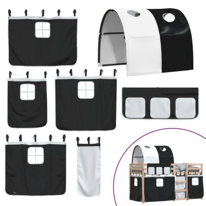 Двуетажно легло със завеси, бяло и черно, 75x190 см, бор масив