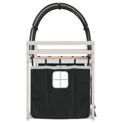 Двуетажно легло със завеси, бяло и черно, 75x190 см, бор масив