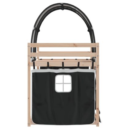 Двуетажно легло със завеси, бяло и черно, 90x200 см, бор масив