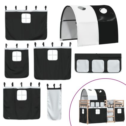 Двуетажно легло със завеси, бяло и черно, 90x200 см, бор масив