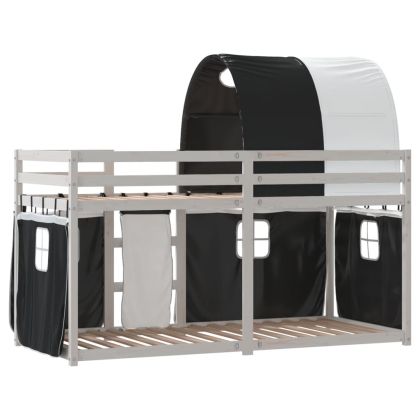 Двуетажно легло със завеси, бяло и черно, 90x200 см, бор масив