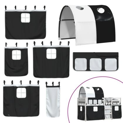 Двуетажно легло със завеси, бяло и черно, 90x200 см, бор масив