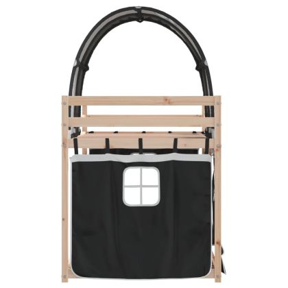 Двуетажно легло със завеси, бяло и черно, 90x190 см, бор масив