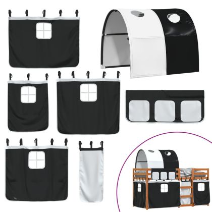 Двуетажно легло със завеси, бяло и черно, 90x200 см, бор масив