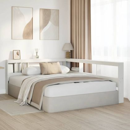 Табла за книги с L-образна, бяла, 140 см, масивно дърво бор