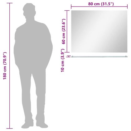 Стенно огледало с рафт, 80x60 см, закалено стъкло