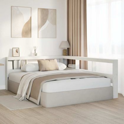 Табла за книги с L-образна, бяла, 160 см, масивно дърво бор