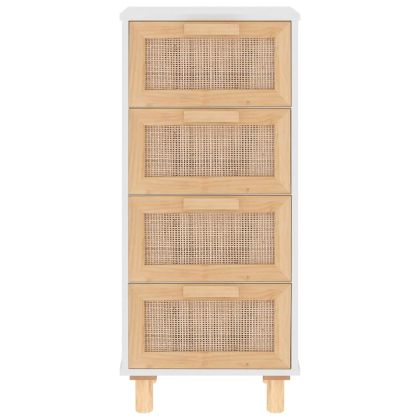 Бюфет, бял, 40x30x90 см, бор масив и естествен ратан