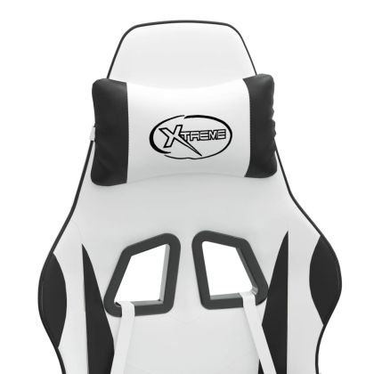 Въртящ гейминг стол с опора за крака бяло-черен изкуствена кожа