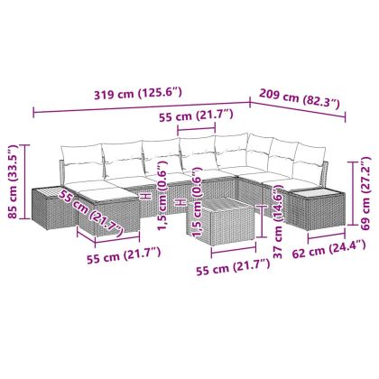 Градински Софа Комплект с възглавница 9 pcs Черно Полиратан