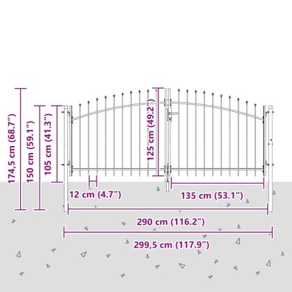Градинска врата с заключване Сив 125 x 300 см Стомана