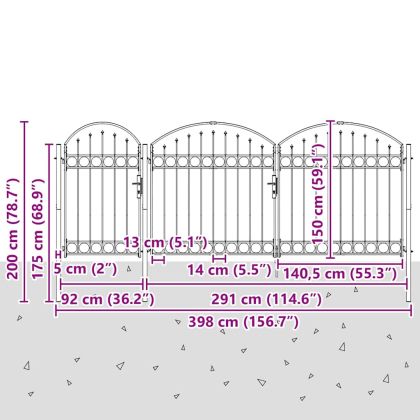 Врата за ограда с аркиран връх Сив 400 x 100 cm Стомана