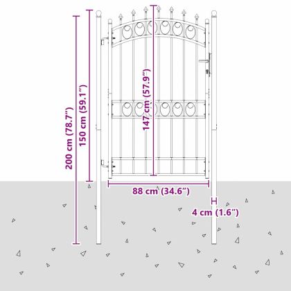 Оградна врата с шипове с заключване Сив 200 x 100 cm