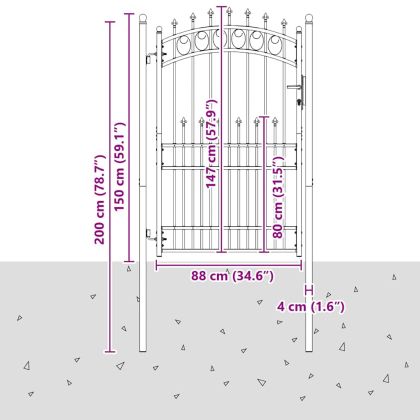 Оградна врата с шипове Сив 200 x 100 cm
