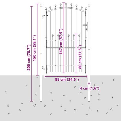 Оградна врата с шипове с заключване Сив 200 x 100 cm