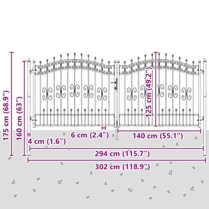 Врата за ограда с връх под формата на копие Сив 305 x 125 см