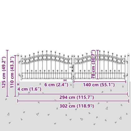 Врата за ограда с връх под формата на копие Сив 305 x 75 см