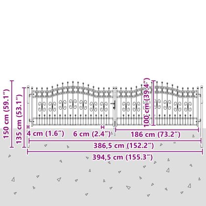 Врата за ограда с връх под формата на копие Сив 404 x 100 см
