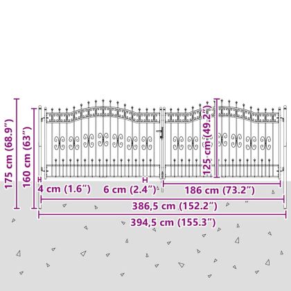 Врата за ограда с връх под формата на копие Сив 404 x 125 см