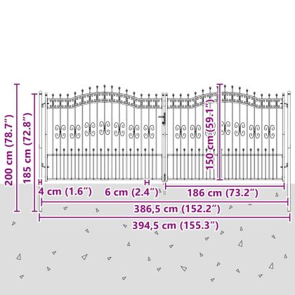 Врата за ограда с връх под формата на копие Сив 404 x 150 см