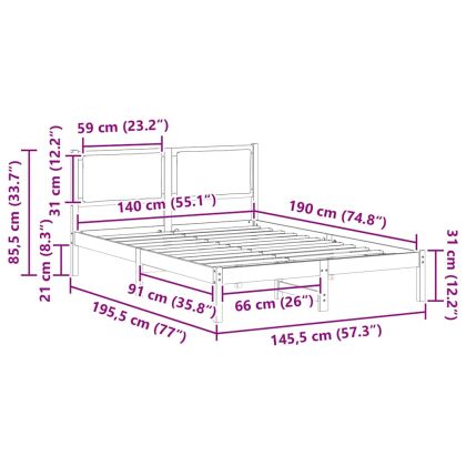 Рамка за легло Черно 140 x 190 cm Солидно борово дърво