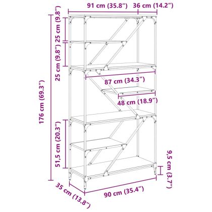 Рафт за книги Черния дъб 91 x 36 x 176 см Инженерно дърво