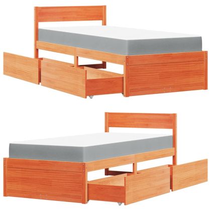 Легло с чекмеджета и матрак восъчнокафяво 100x200 см бор масив