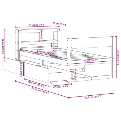 Рамка за легло без матрак, бял, 75x190 см, борово дърво масив