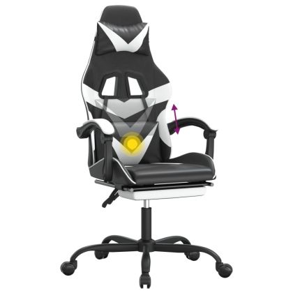 Въртящ гейминг стол с опора за крака черно-бял изкуствена кожа